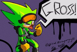 Size: 2200x1500 | Tagged: safe, artist:superguy551, oc, 2023, disgust, english text, goggles, goggles on head, looking at viewer, oc only, one eye closed, purple background, simple background, sitting, solo, speech bubble, tongue out