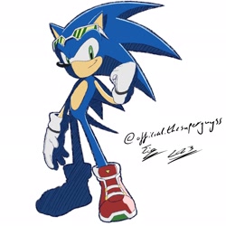 Size: 2048x2048 | Tagged: safe, artist:superguy551, sonic the hedgehog, 2023, clenched fist, looking at viewer, riders style, simple background, smile, solo, sonic free riders, sonic riders, standing, style emulation, uekawa style, white background