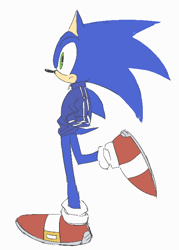 Size: 500x697 | Tagged: safe, artist:or__todd, sonic the hedgehog, frown, hand in pocket, jacket, simple background, solo, standing, standing on one leg, white background
