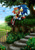Size: 827x1166 | Tagged: safe, artist:myly14, amy rose, sonic the hedgehog, hedgehog, amy's halterneck dress, amybetes, butterfly, clothes, clouds, cute, daytime, dress, duo, female, flower, gloves, headband, male, outdoors, path, plant, shoes, smile, sonabetes, stairs, tree