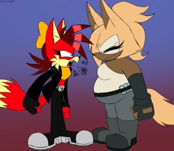 Size: 2048x1781 | Tagged: safe, artist:fartist2020, fiona fox, whisper the wolf, fox, wolf, angry, clenched fists, duo, duo female, emanata, fat, female, gradient background, looking at each other