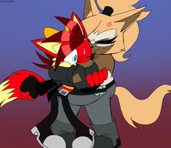 Size: 2048x1781 | Tagged: safe, artist:fartist2020, fiona fox, whisper the wolf, fox, wolf, cross popping vein, duo, duo female, fat, female, gradient background, hugging, one eye closed, surprised