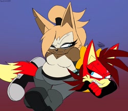 Size: 2048x1781 | Tagged: safe, artist:fartist2020, fiona fox, whisper the wolf, fox, wolf, angry, clenched teeth, cross popping vein, duo, duo female, emanata, fat, female, gradient background, looking at each other, sitting, sitting on them, smug