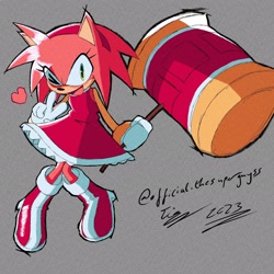 Size: 2048x2048 | Tagged: safe, artist:superguy551, amy rose, 2023, grey background, heart, holding something, looking at viewer, mouth open, piko piko hammer, simple background, smile, solo, v sign, wink