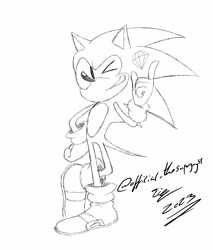 Size: 3486x4096 | Tagged: safe, artist:superguy551, sonic the hedgehog, 2023, chaos emerald, greyscale, grin, male, monochrome, simple background, sketch, smile, solo, standing, white background, wink