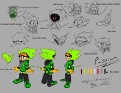 Size: 1300x1000 | Tagged: safe, artist:superguy551, oc, oc:passion the tenrec, tenrec, 2023, character name, color palette, english text, eyes closed, female, goggles, goggles on head, grey background, grin, hood, hood up, mouth open, oc only, reference sheet, sharp teeth, simple background, smile, solo, standing