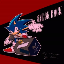 Size: 2048x2048 | Tagged: safe, artist:superguy551, sonic the hedgehog, 2022, black background, holding something, looking at viewer, microphone, mouth open, one ok rock, redraw, simple background, smile, solo, star (symbol)
