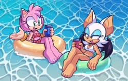 Size: 2048x1297 | Tagged: safe, artist:loulubally, amy rose, rouge the bat, bat, hedgehog, barefoot, drink, duo, duo female, female, holding something, inner tube, looking at each other, mouth open, open smile, sitting, smile, smiling at each other, water