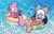 Size: 2048x1297 | Tagged: safe, artist:loulubally, amy rose, rouge the bat, bat, hedgehog, barefoot, drink, duo, duo female, female, holding something, inner tube, looking at each other, mouth open, open smile, sitting, smile, smiling at each other, water