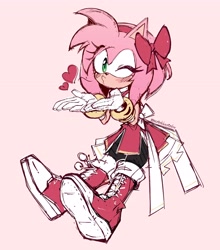 Size: 3362x3823 | Tagged: safe, artist:scrimblocrimbo, amy rose, hedgehog, alternate outfit, alternate shoes, blowing a kiss, female, hair bow, hearts, shoelaces, solo