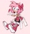 Size: 3362x3823 | Tagged: safe, artist:scrimblocrimbo, amy rose, hedgehog, alternate outfit, alternate shoes, blowing a kiss, blushing, bow, eye clipping through hair, female, hair bow, hearts, pink background, shoelaces, simple background, solo, treads, wink