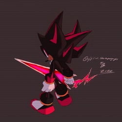 Size: 2048x2048 | Tagged: safe, artist:superguy551, shadow the hedgehog, 2022, chaos spear, from behind, holding something, mega man (series), redraw, simple background, solo, standing