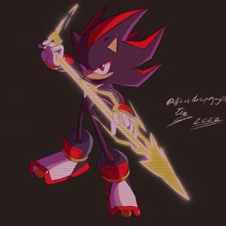 Size: 2048x2048 | Tagged: safe, artist:superguy551, shadow the hedgehog, 2022, chaos spear, holding something, looking at viewer, mega man (series), redraw, simple background, solo, standing
