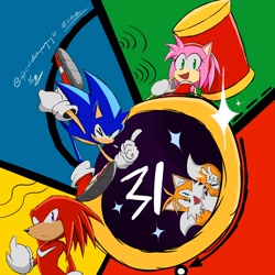 Size: 2048x2048 | Tagged: safe, artist:superguy551, amy rose, knuckles the echidna, miles "tails" prower, sonic the hedgehog, 2022, anniversary, female, group, looking at viewer, male, mouth open, piko piko hammer, running, smile, v sign, wink