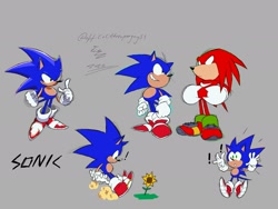 Size: 2048x1536 | Tagged: safe, artist:superguy551, knuckles the echidna, sonic the hedgehog, 2022, character name, classic knuckles, classic sonic, classic sonic (universe), clenched fists, duo, exclamation mark, flower, grin, hands up, looking at each other, looking at them, simple background, smile, standing