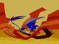 Size: 2048x1536 | Tagged: safe, artist:superguy551, sonic the hedgehog, bird, 2022, crossover, duo, looney tunes, male, outdoors, road runner, running