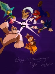 Size: 1536x2048 | Tagged: safe, artist:superguy551, sonic the hedgehog, human, 2022, clenched fists, crossover, diddy kong, donkey kong, group, kicking, kirby, kirby (series), looking up, male, mario, pikachu, pokemon, purple background, simple background, smile, super mario bros., super smash brothers, sword, weapon
