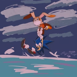 Size: 2048x2048 | Tagged: safe, artist:superguy551, cream the rabbit, sonic the hedgehog, 2022, carrying them, clouds, duo, eyes closed, female, flying, holding hands, looking down, male, outdoors, water
