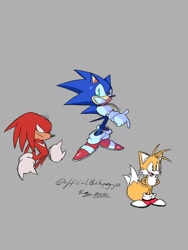 Size: 768x1024 | Tagged: safe, artist:superguy551, knuckles the echidna, miles "tails" prower, sonic the hedgehog, 2021, grey background, grin, male, mouth open, simple background, smile, standing, team sonic, trio, wink