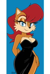Size: 821x1200 | Tagged: safe, artist:dragonboy618, sally acorn, chipmunk, black dress, blue background, female, gown, hand behind back, hand on hip, lidded eyes, looking at viewer, simple background, smile, smiling at viewer, solo