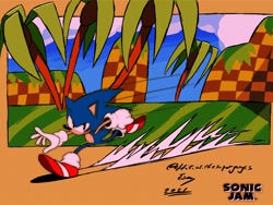 Size: 1024x768 | Tagged: safe, artist:superguy551, sonic the hedgehog, green hill zone, 2021, classic sonic, classic sonic (universe), daytime, looking at viewer, male, outdoors, running, solo, sonic jam, tree