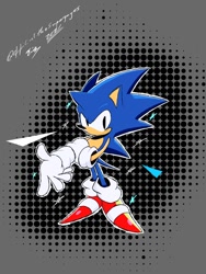 Size: 768x1024 | Tagged: safe, artist:superguy551, sonic the hedgehog, hedgehog, 2021, abstract background, classic sonic, classic sonic (universe), grey background, hand on own arm, looking at viewer, male, outline, solo, standing, white outline
