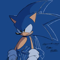 Size: 2048x2048 | Tagged: safe, artist:superguy551, sonic the hedgehog, 2021, blue background, grin, simple background, smile, solo, standing