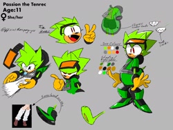 Size: 2048x1536 | Tagged: safe, artist:superguy551, oc, oc:passion the tenrec, tenrec, 2021, character name, color palette, female, goggles, goggles on head, grey background, hood, hood down, mouth open, oc only, pronouns, reference inset, reference sheet, sharp teeth, simple background, smile, solo, standing, star (symbol), v sign