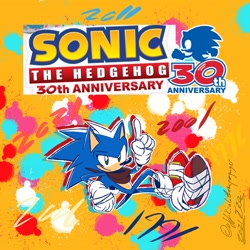 Size: 2048x2048 | Tagged: safe, artist:superguy551, sonic the hedgehog, 2021, anniversary, english text, looking at viewer, male, smile, solo, sonic boom (tv)