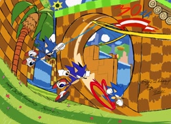 Size: 2048x1489 | Tagged: safe, artist:superguy551, sonic the hedgehog, green hill zone, 2021, anniversary, bridge, classic sonic, classic sonic (universe), daytime, dust clouds, grass, holding something, loop, outdoors, palm tree, running, self paradox, smile, sonic boom (tv), sunflower, trio, water, waterfall