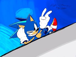 Size: 1440x1080 | Tagged: safe, artist:superguy551, sonic the hedgehog, sonic mania, sonic mania adventures, 2021, classic sonic, classic sonic (universe), grin, looking at viewer, lying down, redraw, smile, solo, v sign, wink