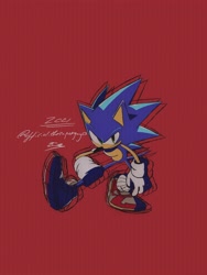 Size: 1536x2048 | Tagged: safe, artist:superguy551, sonic the hedgehog, 2021, alternate shoes, hand on own leg, male, red background, simple background, solo, standing, stretching