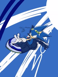 Size: 1536x2048 | Tagged: safe, artist:superguy551, sonic the hedgehog, 2021, blue background, extreme gear, grin, riders outfit, riders style, simple background, smile, solo, sonic riders, standing, style emulation