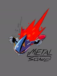 Size: 1536x2048 | Tagged: safe, artist:superguy551, metal sonic, 2021, character name, fire, grey background, robot, simple background, solo