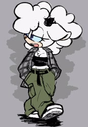 Size: 1104x1600 | Tagged: safe, artist:john g arts, lanolin the sheep, sheep, alternate outfit, belt, cargo pants, converse, crop top, female, flannel shirt, grey background, simple background, sneakers, solo, walking