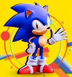 Size: 1331x1439 | Tagged: safe, artist:flyshyva, sonic the hedgehog, hedgehog, sonic mania, 2026, 3d, abstract background, classic sonic, classic sonic (universe), looking at viewer, male, redraw, smile, smiling at viewer, solo, waving