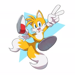 Size: 2048x2048 | Tagged: safe, artist:surprise128341, miles "tails" prower, fox, 2026, falling, looking at viewer, male, mid-air, mouth open, open smile, smiling at viewer, solo, spread legs, treads, v sign
