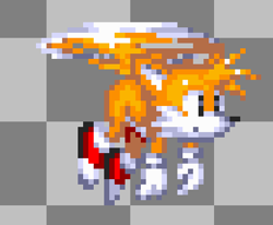 Size: 417x344 | Tagged: safe, artist:goldensquirrel4, miles "tails" prower, fox, 2026, checkered background, classic tails, flying, looking offscreen, male, mid-air, pixel art, redraw, solo, spinning tails