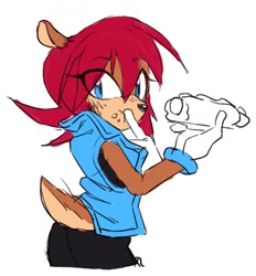 Size: 951x1024 | Tagged: safe, artist:natsublue01, sally acorn, 2026, chili dog, clothes, crumbs, eating, eye clipping through hair, eyebrow clipping through hair, eyelashes, female, flat colors, food, gilet, holding something, looking at viewer, redesign, signature, simple background, solo, standing, tank top, white background