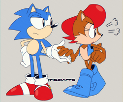 Size: 1852x1536 | Tagged: safe, artist:risziarts, sally acorn, sonic the hedgehog, chipmunk, hedgehog, 2026, angry, artist name, classic sally, classic sonic (universe), classic style, duo, english text, female, looking offscreen, male, not amused, open mouth, sally x sonic, sally's vest and boots, shipping, simple background, standing, straight, talking, vest