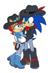 Size: 1064x1615 | Tagged: safe, artist:classicsonicsatam, sally acorn, sonic the hedgehog, chipmunk, hedgehog, 2026, alternate outfit, boots, clothes, cowboy, cowboy hat, cowboy outfit, duo, female, fully clothed, grin, hat, hugging, jacket, jeans, lasso, looking at each other, male, open mouth, open smile, pants, sally x sonic, scarf, shipping, shirt, shoes, simple background, smile, smiling at each other, standing, straight, t-shirt, white background