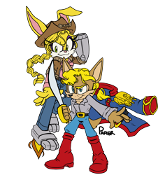 Size: 1280x1354 | Tagged: safe, artist:tracingpapier, antoine d'coolette, bunnie rabbot, coyote, rabbit, 2022, buntoine, clothes, cowboy hat, cyborg, duo, female, fully clothed, hat, holding something, jacket, jumping, looking at viewer, male, pants, pose, roboticized, shipping, shirt, smile, smiling at viewer, straight, sword, transparent background, twintails, weapon