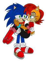Size: 3024x4032 | Tagged: safe, artist:nerdy-boi-mochi-1998, sally acorn, sonic the hedgehog, chipmunk, hedgehog, 2024, carrying them, duo, female, grin, hand on another's face, looking at each other, male, sally x sonic, sally's ringblader outfit, scarf, shipping, smile, smiling at viewer, standing, straight, transparent background