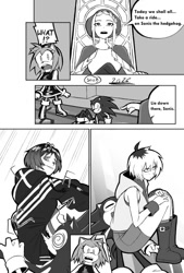 Size: 1015x1500 | Tagged: suggestive, artist:superguy551, amy rose, sonic the hedgehog, human, comic:you're gonna wanna take a seat for this one, 2026, blushing, character request, comic, crossover, crossover shipping, english text, eyes closed, female, greyscale, group, lying down, male, monochrome, mouth open, shipping, sitting, sitting on them, speech bubble, spiral eyes, straight