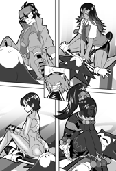 Size: 1014x1500 | Tagged: suggestive, artist:superguy551, amy rose, sonic the hedgehog, human, comic:you're gonna wanna take a seat for this one, 2026, butt, character request, comic, crossover, crossover shipping, eyes closed, female, greyscale, group, hands on another's chest, head rest, lying down, male, monochrome, shipping, sitting, sitting on them, smile, straight
