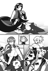 Size: 1015x1500 | Tagged: suggestive, artist:superguy551, amy rose, sonic the hedgehog, human, comic:you're gonna wanna take a seat for this one, 2026, chie satonaka, comic, crossover, crossover shipping, darkstalkers, ellen joe, female, greyscale, group, humanoid, lidded eyes, lilith (darkstalkers), looking at them, lying down, male, monochrome, mouth open, persona (series), shipping, sitting, sitting on them, smile, straight, zenless zone zero