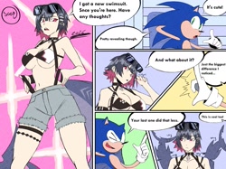 Size: 2001x1500 | Tagged: suggestive, artist:superguy551, sonic the hedgehog, 2026, comic, crossover, crossover shipping, duo, ellen joe, english text, female, humanoid, looking at them, male, mouth open, shipping, shorts, smile, speech bubble, straight, sunglasses, swimsuit, wagging tail, wink, zenless zone zero