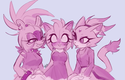 Size: 1267x810 | Tagged: safe, artist:moonn1x_, artist:tr1shuu, amy rose, blaze the cat, surge the tenrec, 2026, amy x blaze, amy x blaze x surge, blue background, blushing, grin, holding hands, lesbian, looking at them, monochrome, polyamory, sharp teeth, shipping, simple background, smile, spiral eyes, surgamy, trio