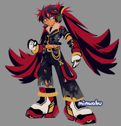 Size: 814x845 | Tagged: safe, artist:minwabu, shadow the hedgehog, human, 2026, female, fusion, fusion:shadow, grey background, hatsune miku, simple background, solo, standing, vocaloid