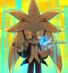 Size: 2800x3000 | Tagged: safe, artist:corroxion, silver the hedgehog, 2026, card, cosplay, crossover, glasses, holding something, jacket, looking at viewer, male, pants, persona (series), school uniform, shirt, smile, solo, standing, sword, tarot card, weapon